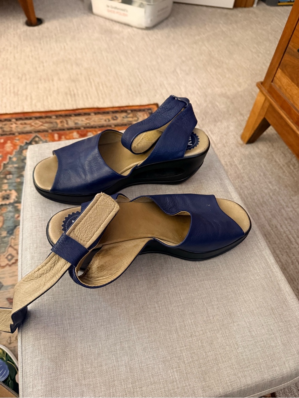 Fly London Navy Leather Slingback Wedge Sandals